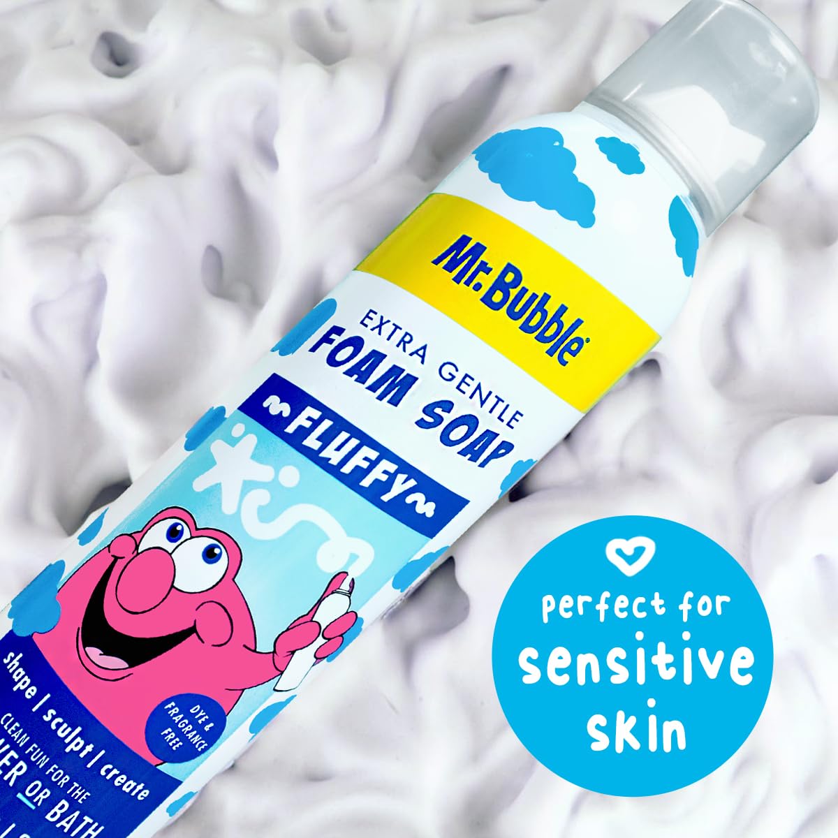 Mr. Bubble extra gentle foam soap with fragrance-free formula suitable for sensitive skin.