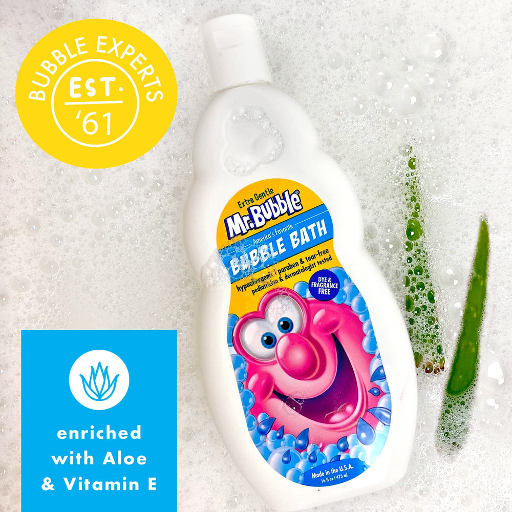 Mr. Bubble Extra Gentle label shows dye-free and fragrance-free formula