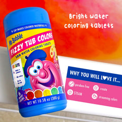 Tablets labeled A, B, and C invite early literacy play during bath time.