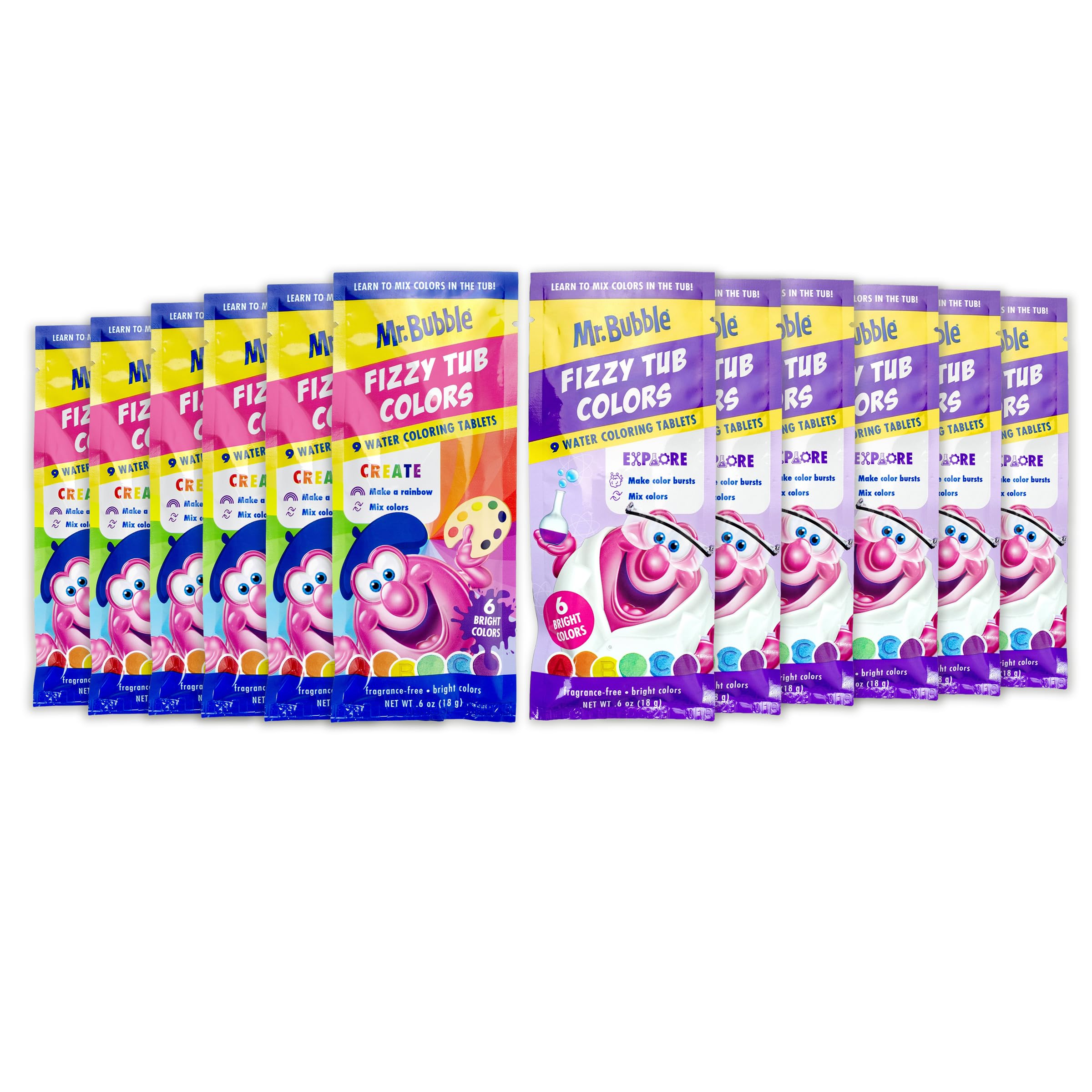 Mr. Bubble fizzy tub colors pack 1 featuring bright tablets for colorful bath time.