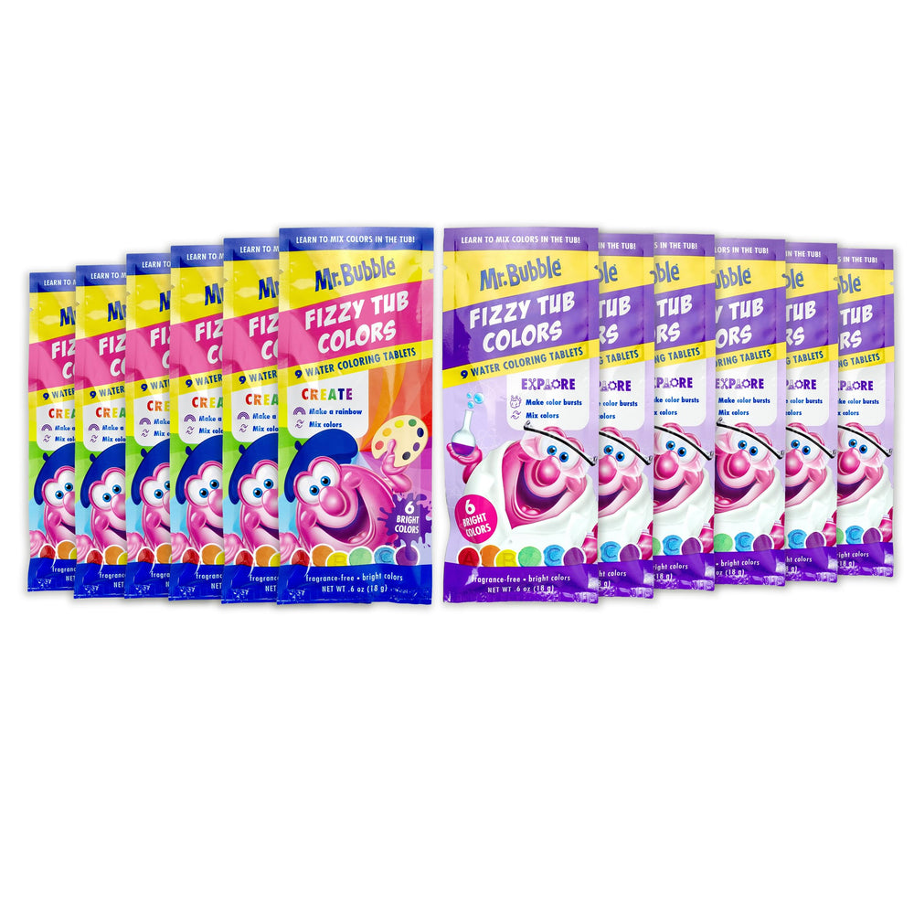 Mr. Bubble fizzy tub colors pack 1 featuring bright tablets for colorful bath time.