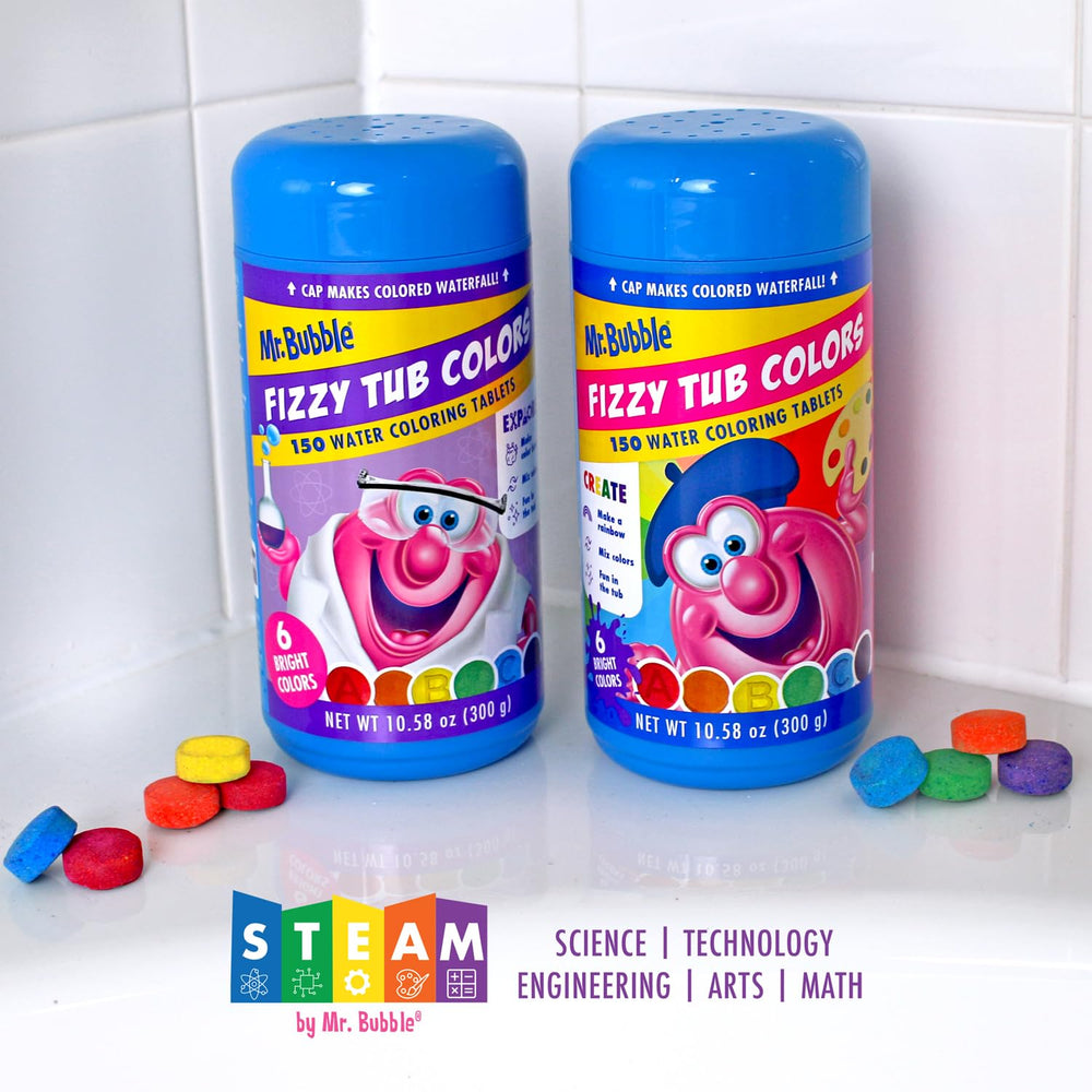 Mr. Bubble Tub Colors six bright colors illuminate the bath with playful hues.