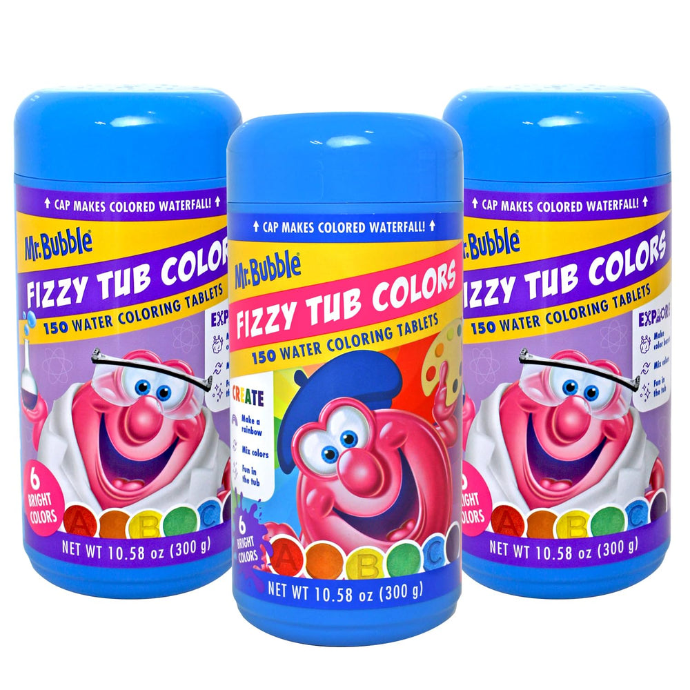 Mr. Bubble Fizzy Tub Colors cap waterfall creates a vibrant bath experience.