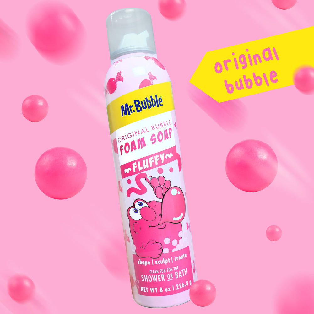 Mr. Bubble bubblegum foam forms colorful bubbles during shower play.