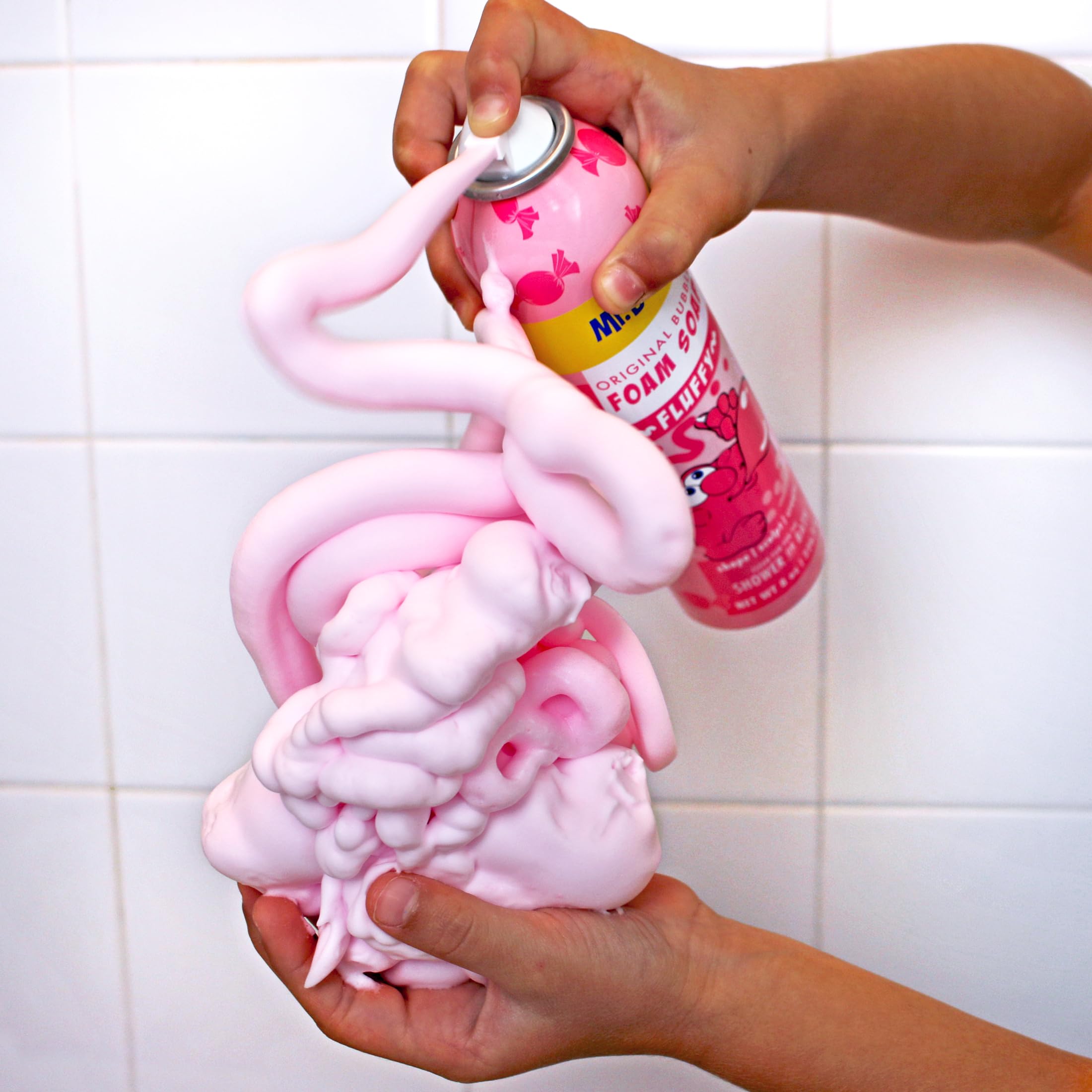 Mr. Bubble foam soap in shower setup enables creative shape-making routines.