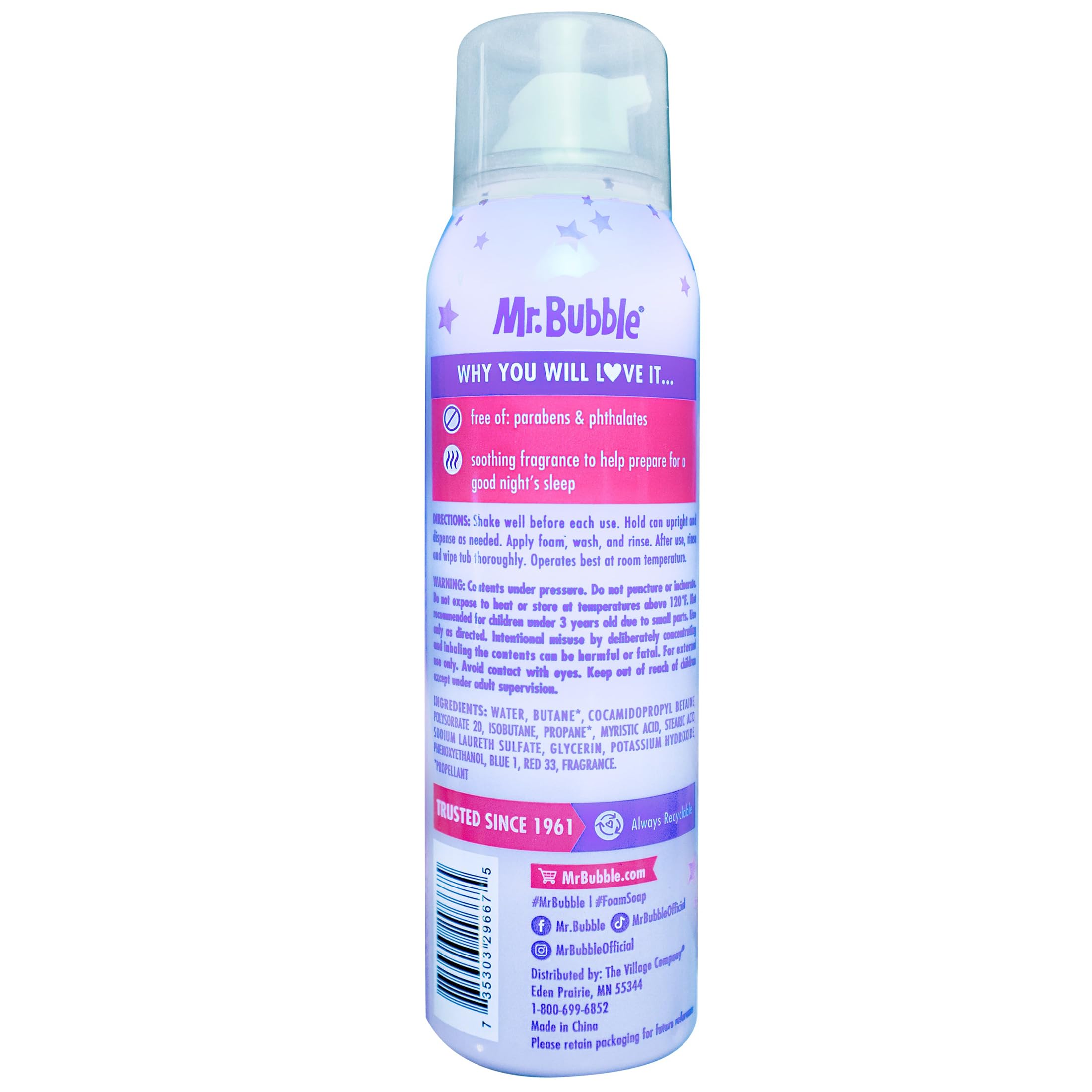 Mr. Bubble foam texture close-up highlights gentle cleansing and bubbles.