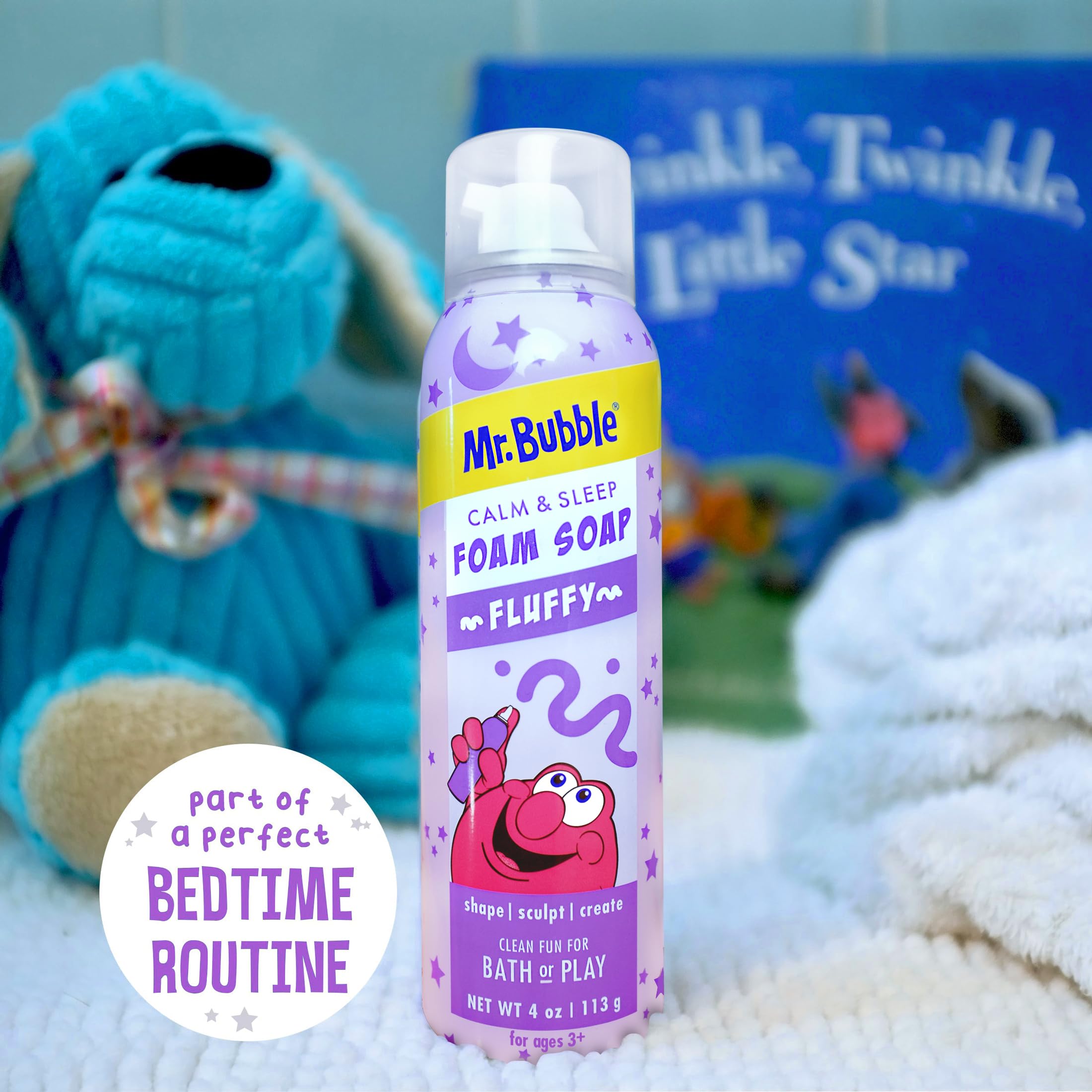 Mr. Bubble lavender eucalyptus chamomile scent bottle highlights relaxing aroma.
