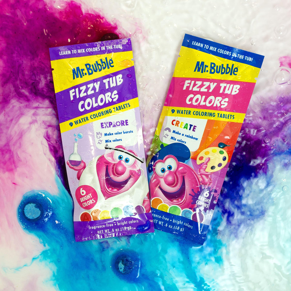 Mr. Bubble letters A, B, C tub tablets support early literacy during bath time.