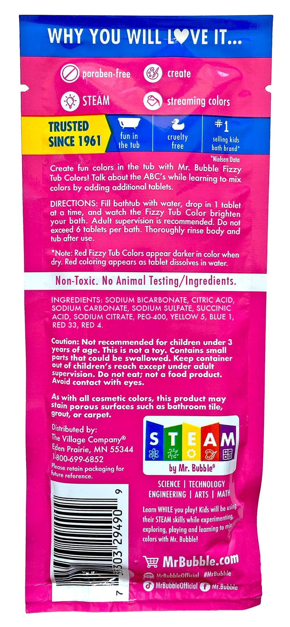 Mr. Bubble made-in-USA banner signals trusted bath time brand.