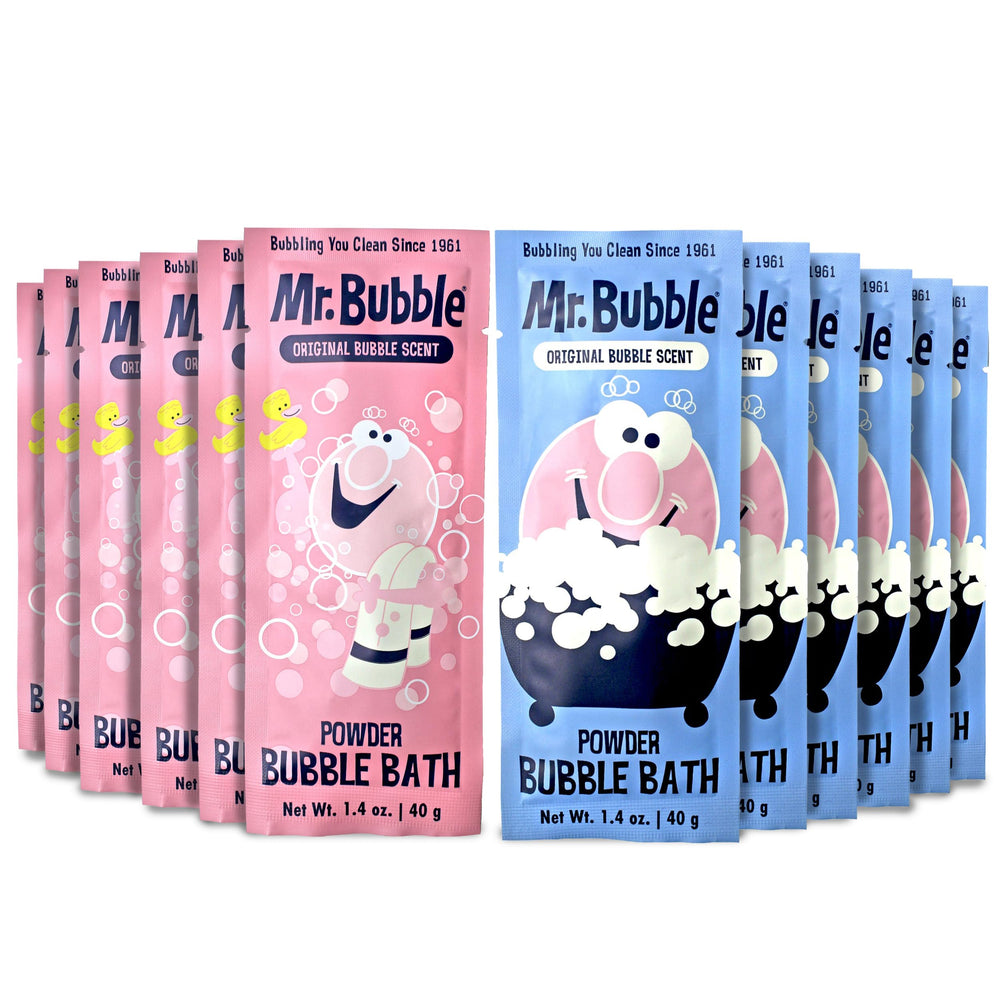 Mr. Bubble retro packaging collection on display, evoking nostalgic bath time memories.