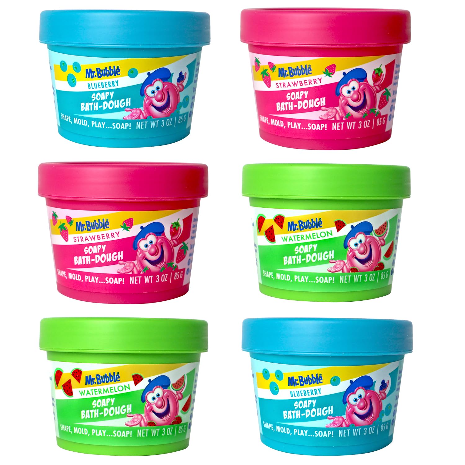 Mr. Bubble Soapy Bath Dough color swatches show fruity scents for playful bath time.