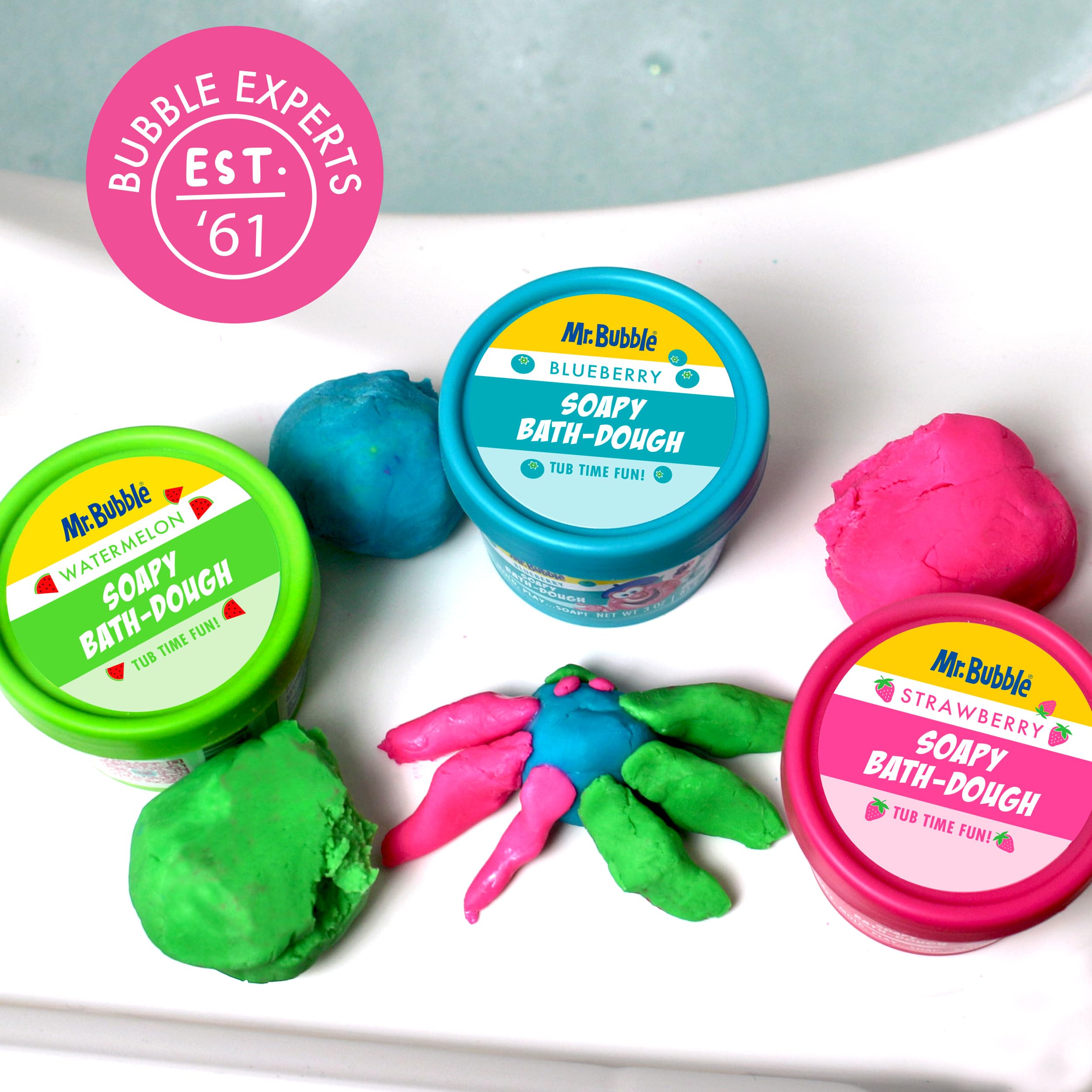 Mr. Bubble Soapy Bath Dough open pack reveals colors and scents.