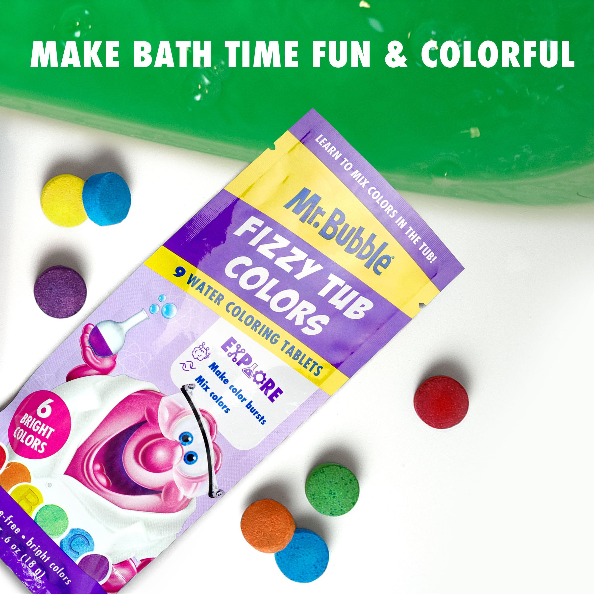 Mr. Bubble tub color mixing play visual showing creative learning during bath.