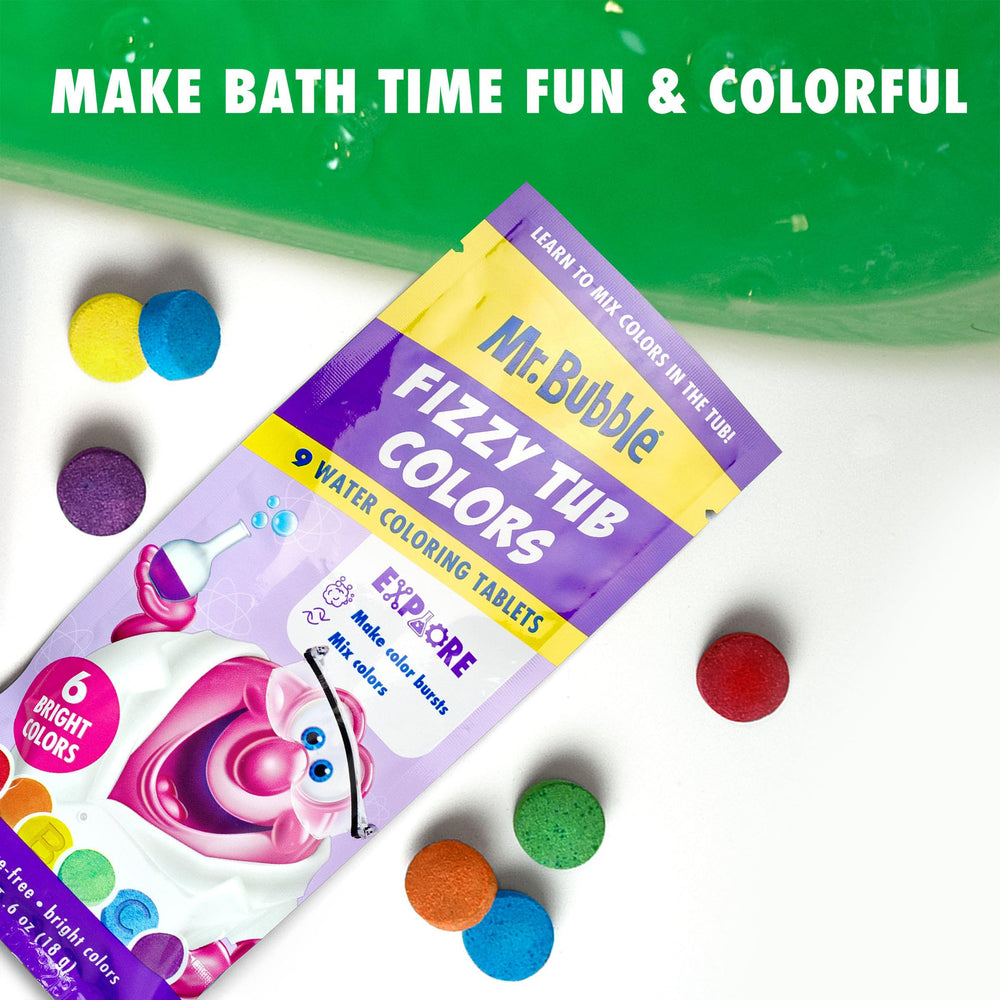 Mr. Bubble tub color mixing play visual showing creative learning during bath.