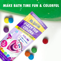 Mr. Bubble tub color mixing play visual showing creative learning during bath.