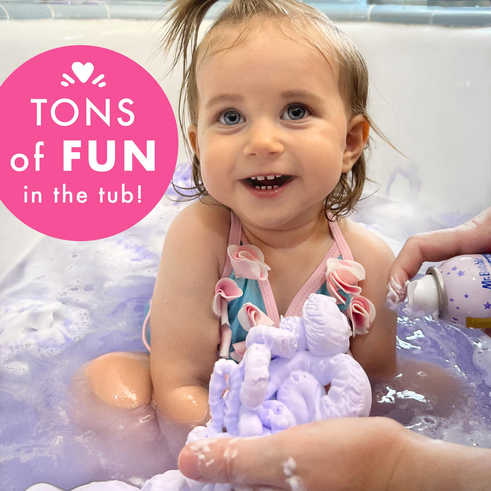 Mr. Bubble bath scene with lavender foam in tub for soothing routine.