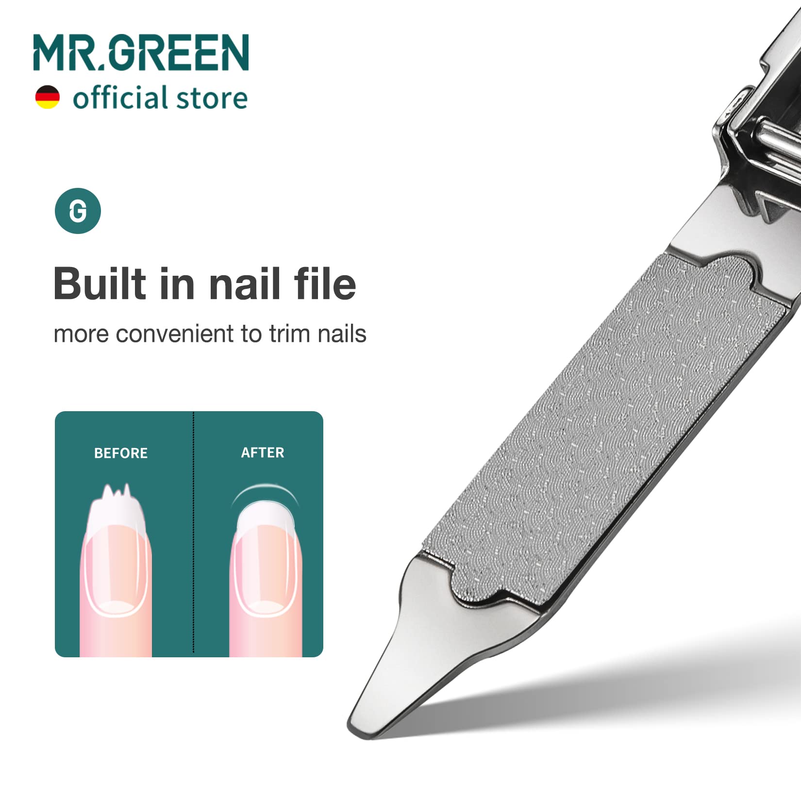 MR.GREEN wide-jaw opening enables handling thick nails.