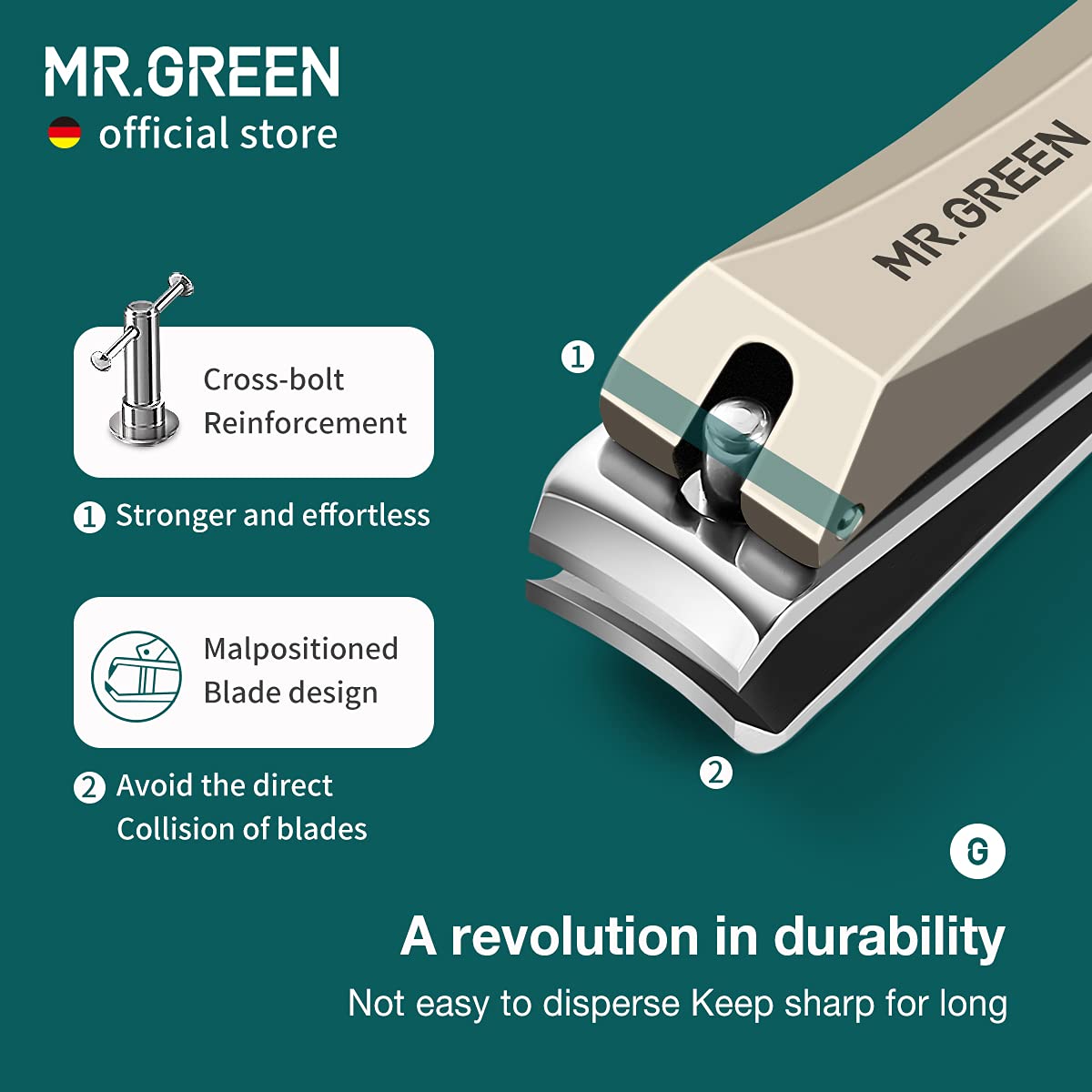MR.GREEN cross-bolt reinforcement strengthens blade stability during trimming