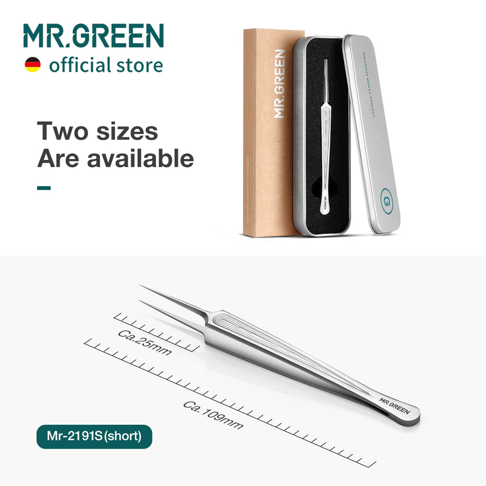 MR.GREEN curved-tail tweezers with protective cap for safe storage.