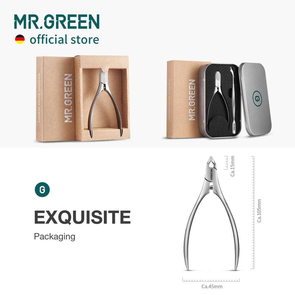 MR.GREEN Cuticle Nippers paired with manicure tools for a complete at-home routine.