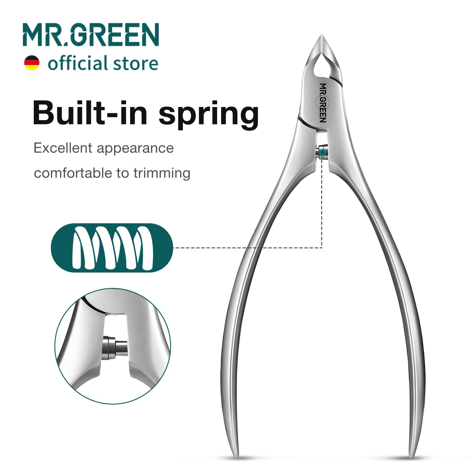 MR.GREEN Cuticle Nippers matte texture offers rust resistance and secure grip.