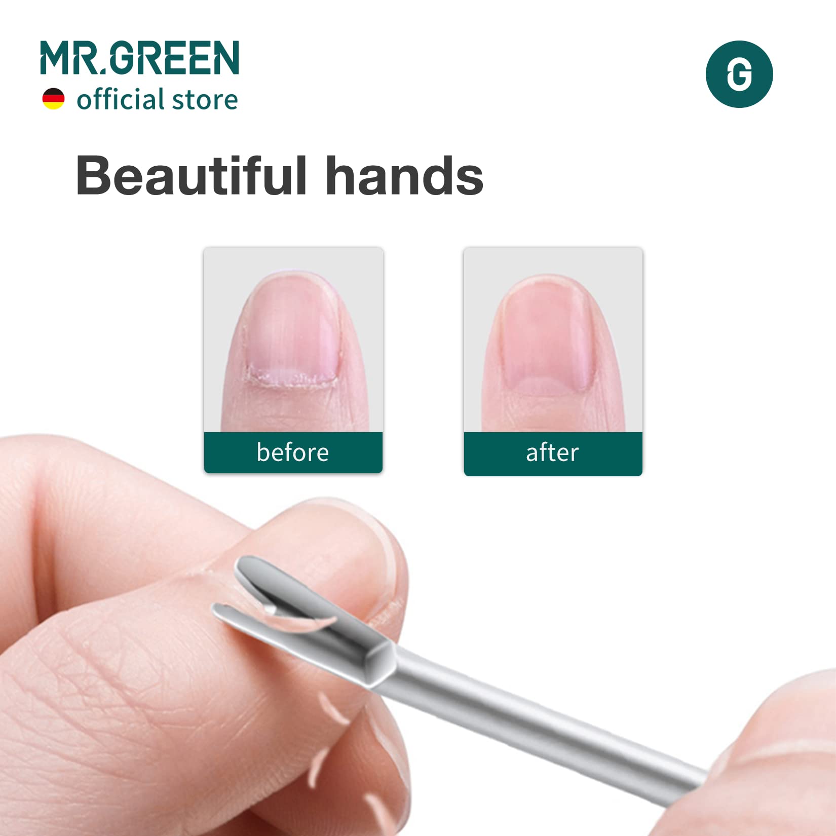MR.GREEN Cuticle Pusher features German cutting edge for clean, accurate work.