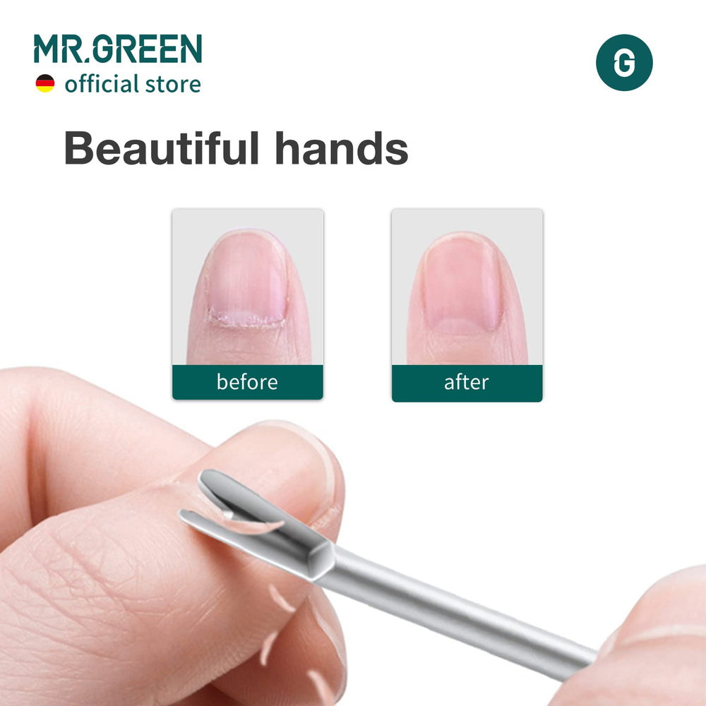 MR.GREEN Cuticle Pusher features German cutting edge for clean, accurate work.