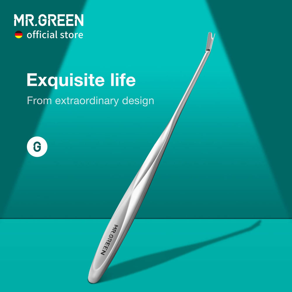 MR.GREEN Cuticle Pusher shows V-shaped opening for precise cuticle removal.