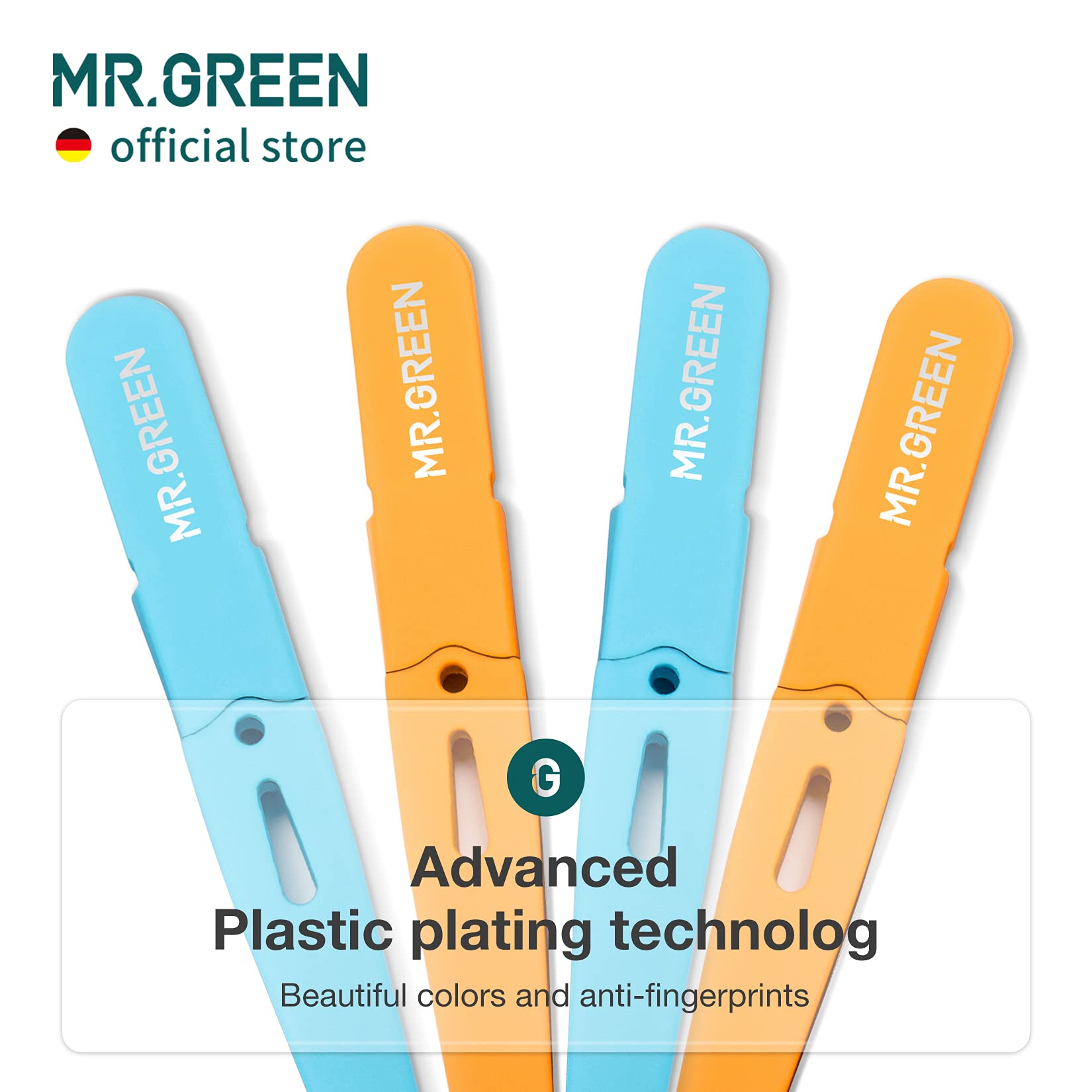 MR.GREEN eyebrows tweezers orange closeup highlighting fingerprint-resistant finish and color vibrancy.