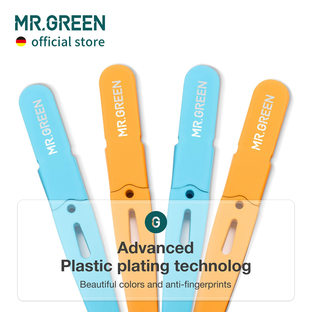 MR.GREEN eyebrows tweezers orange closeup highlighting fingerprint-resistant finish and color vibrancy.
