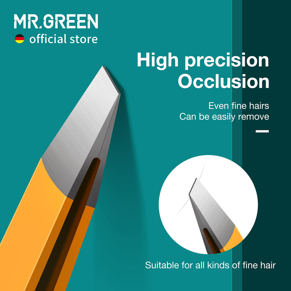 MR.GREEN eyebrow tweezers orange precision bites closed tightly for even fine hairs removal.