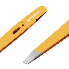 MR.GREEN eyebrows tweezers orange slanted closeup for precise grooming and comfortable grip.