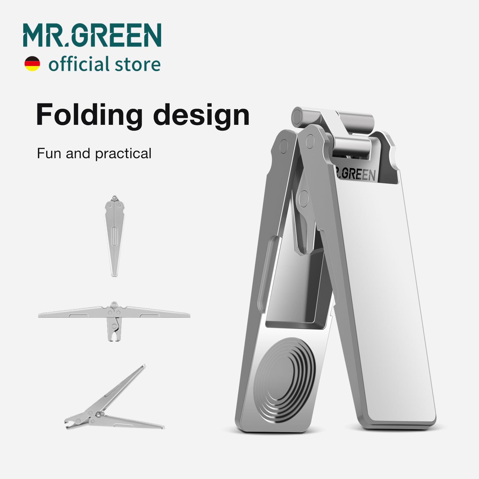 MR.GREEN folding nail clippers open, ready for a precise trim.