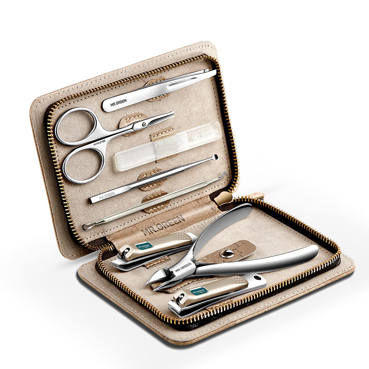 MR.GREEN manicure set in gray case, durable stainless steel tools for precise grooming.