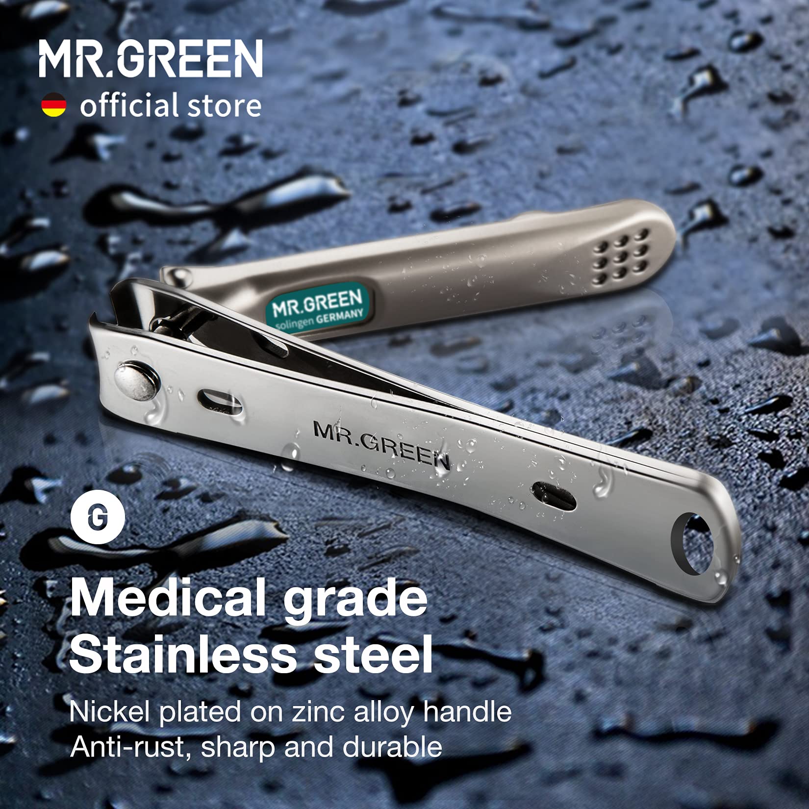 MR.GREEN Nail Clippers Curved Blades side-view shows ergonomic tail base for balanced control.