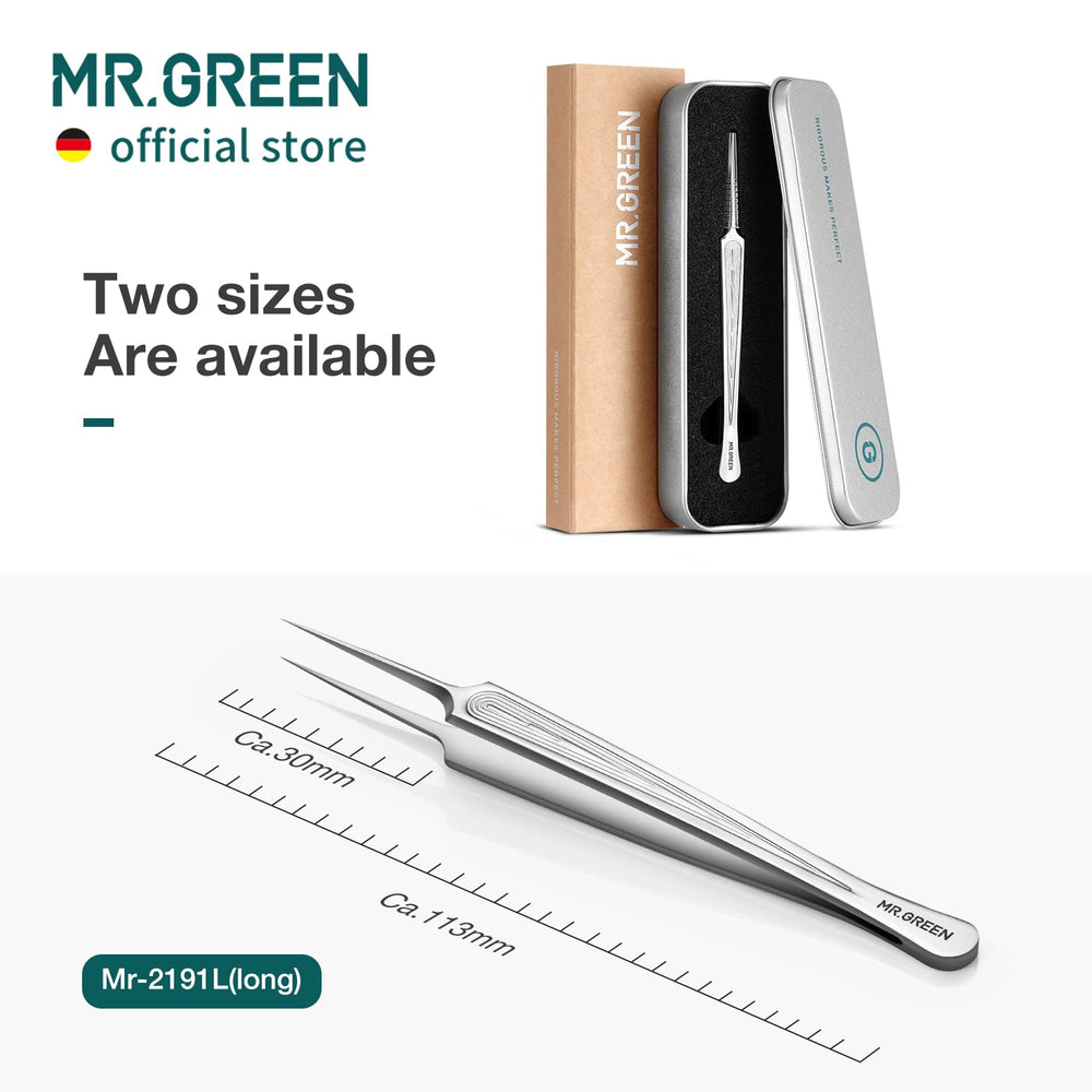 MR.GREEN long-tip tweezers aid eye-area care and targeted removal of impurities.