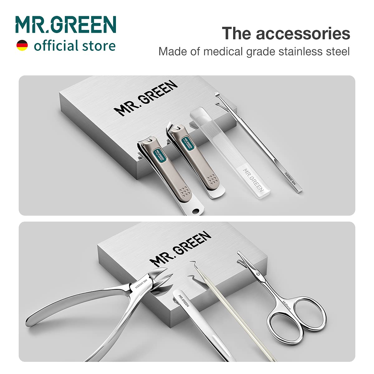 MR.GREEN PU leather case interior with organized tools for travel-ready care.