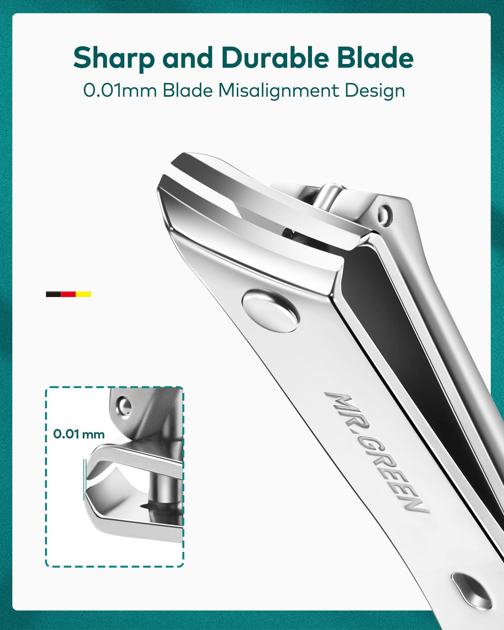 MR.GREEN stainless nail clippers closeup highlights durable anti-rust performance