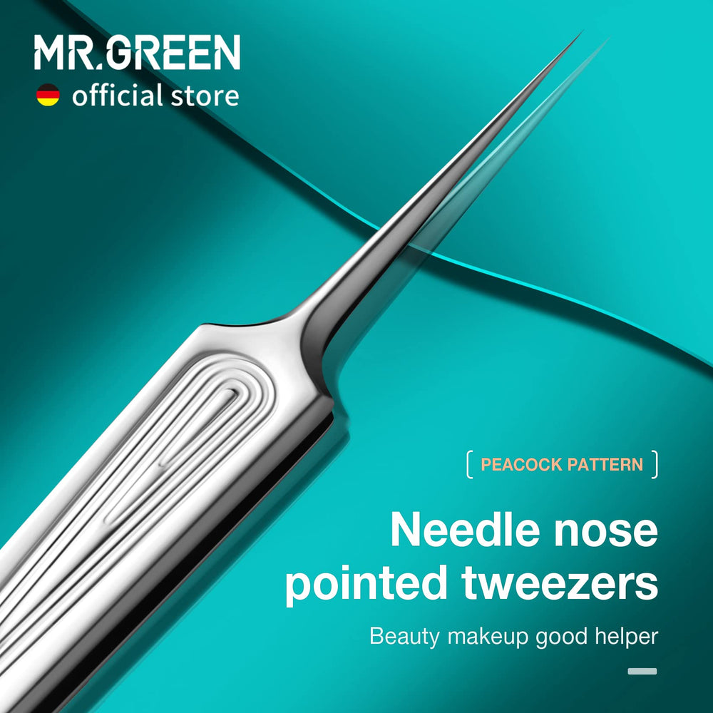 MR.GREEN peacock-pattern tweezers for delicate brow shaping and precise hair removal.