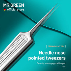 MR.GREEN peacock-pattern tweezers for delicate brow shaping and precise hair removal.