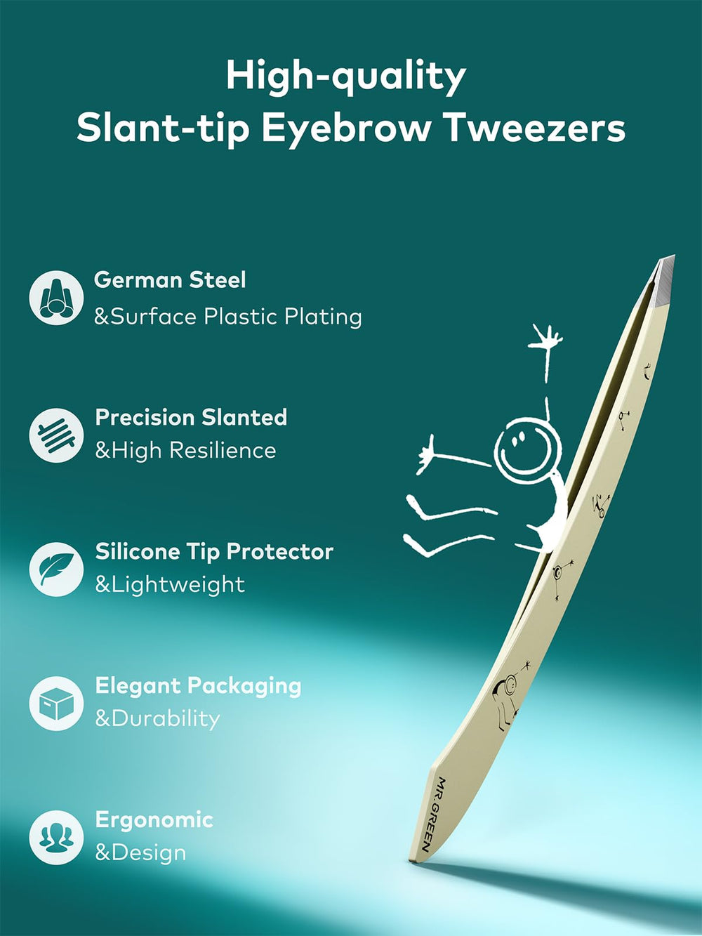 MR.GREEN Tweezers stainless steel body emphasizes durable rust-resistant grooming tool.