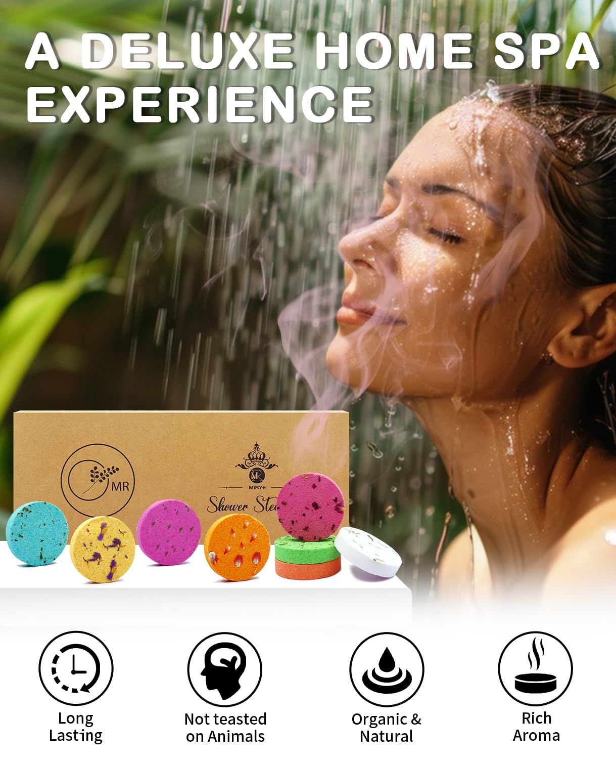 MR MIRYE camellia shower-steamer image—luxury spa vibe with rich floral notes.