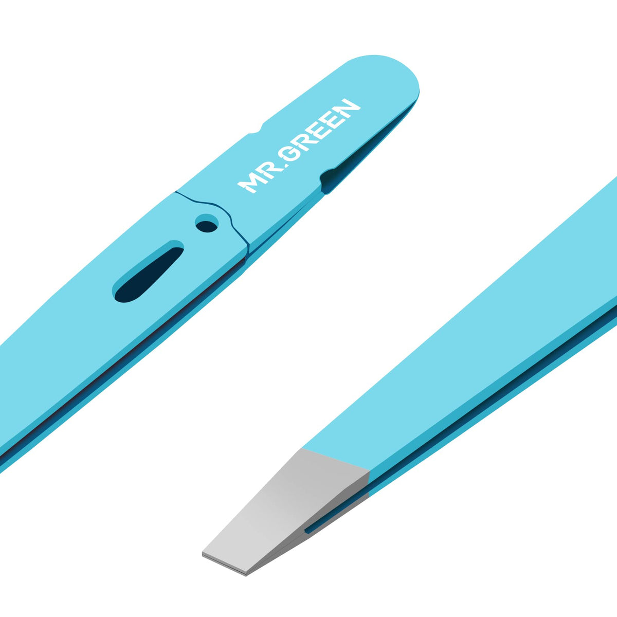 MR.GREEN Eyebrows Tweezers blue close-up showing precise tips for fine hairs