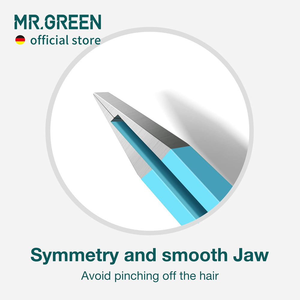 MR.GREEN Eyebrows Tweezers blue in package highlights compact storage with protective cover