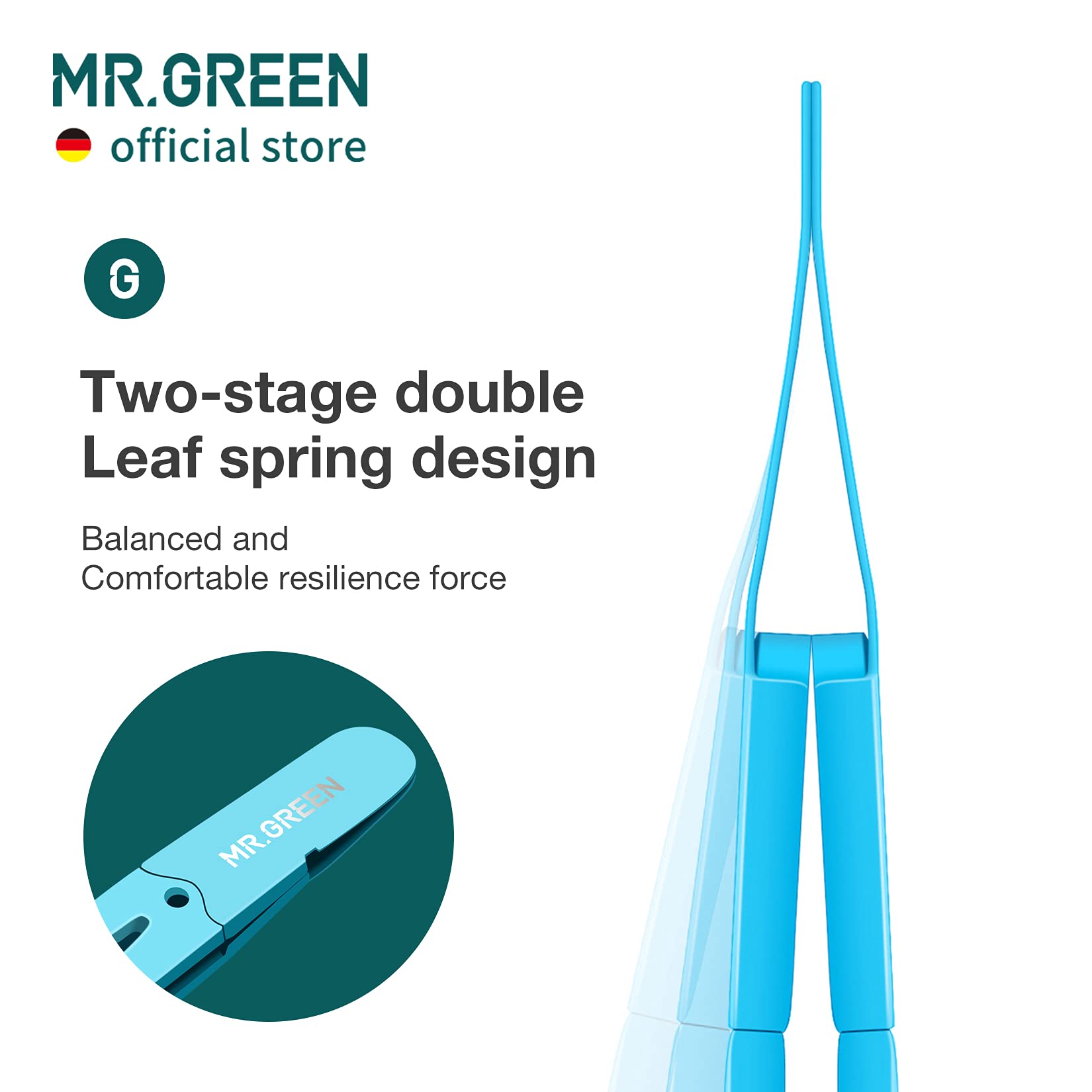 MR.GREEN Eyebrows Tweezers blue on-hand view showing easy grooming on the go