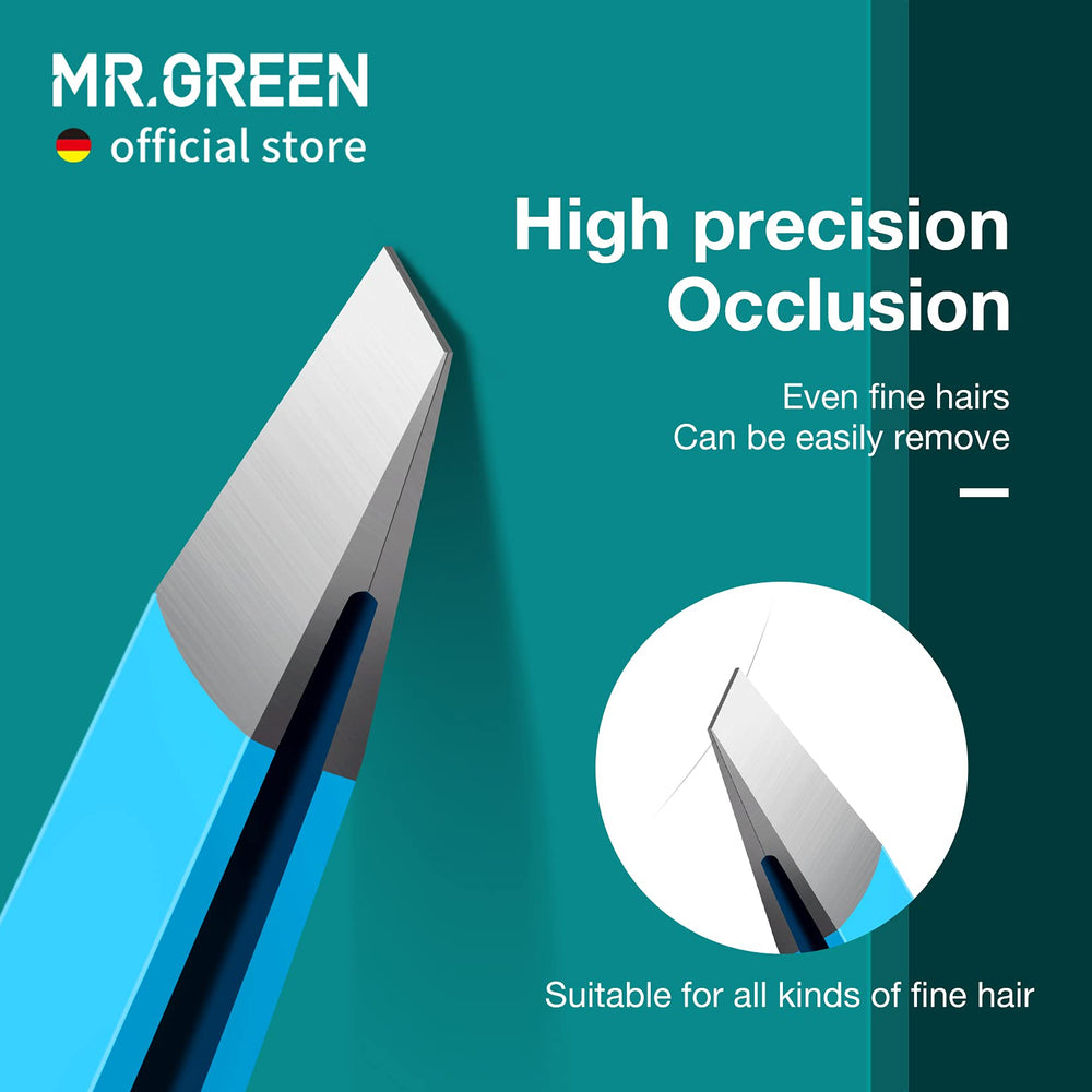 MR.GREEN Eyebrows Tweezers blue stainless steel close-up emphasizing precision tip for fine hairs
