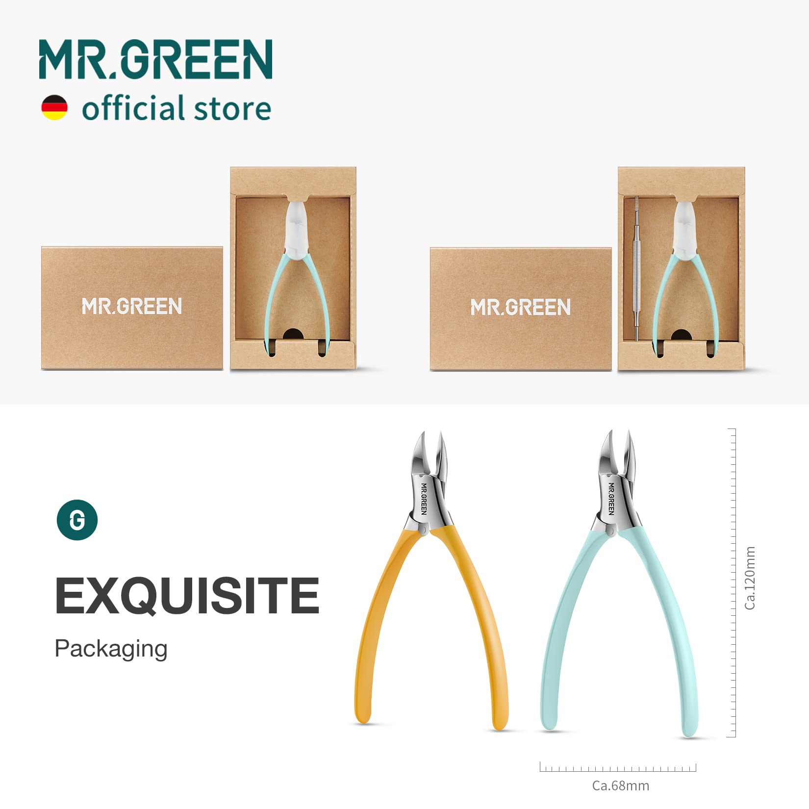 MR.GREEN packaging emphasizes durability and quality for home manicure tools.
