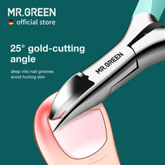 MR.GREEN toenail clippers angled blades help glide into grooves without snagging skin.