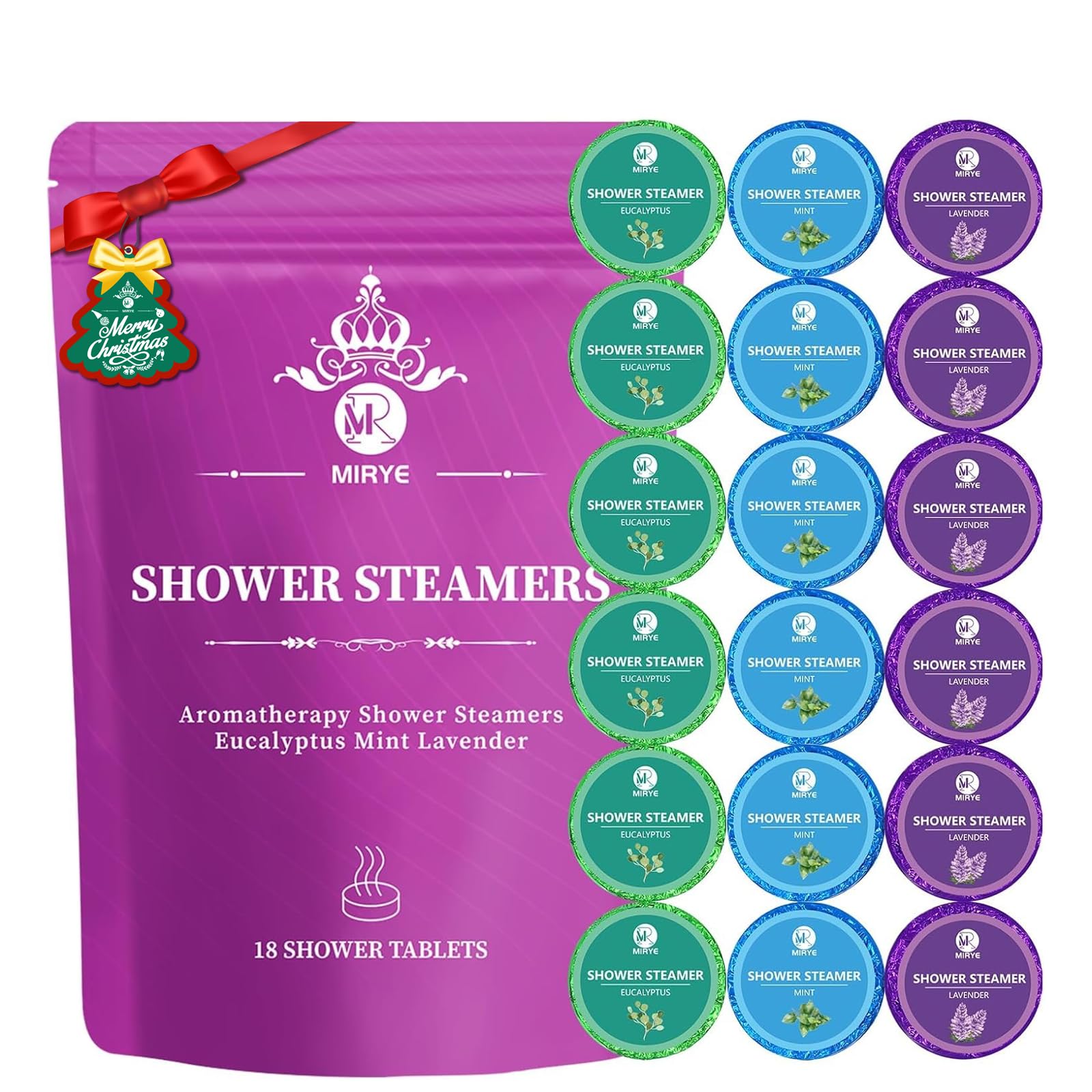 MR MIRYE shower steamers 18-pack box showcases gift-ready aromatherapy for daily relaxation.