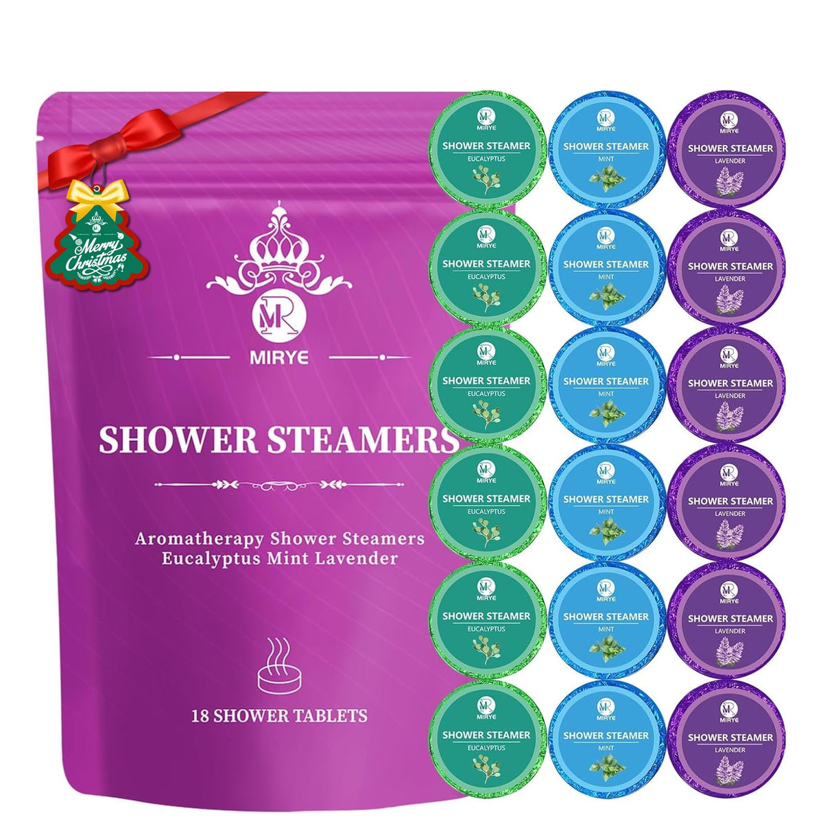MR MIRYE shower steamers 18-pack box showcases gift-ready aromatherapy for daily relaxation.